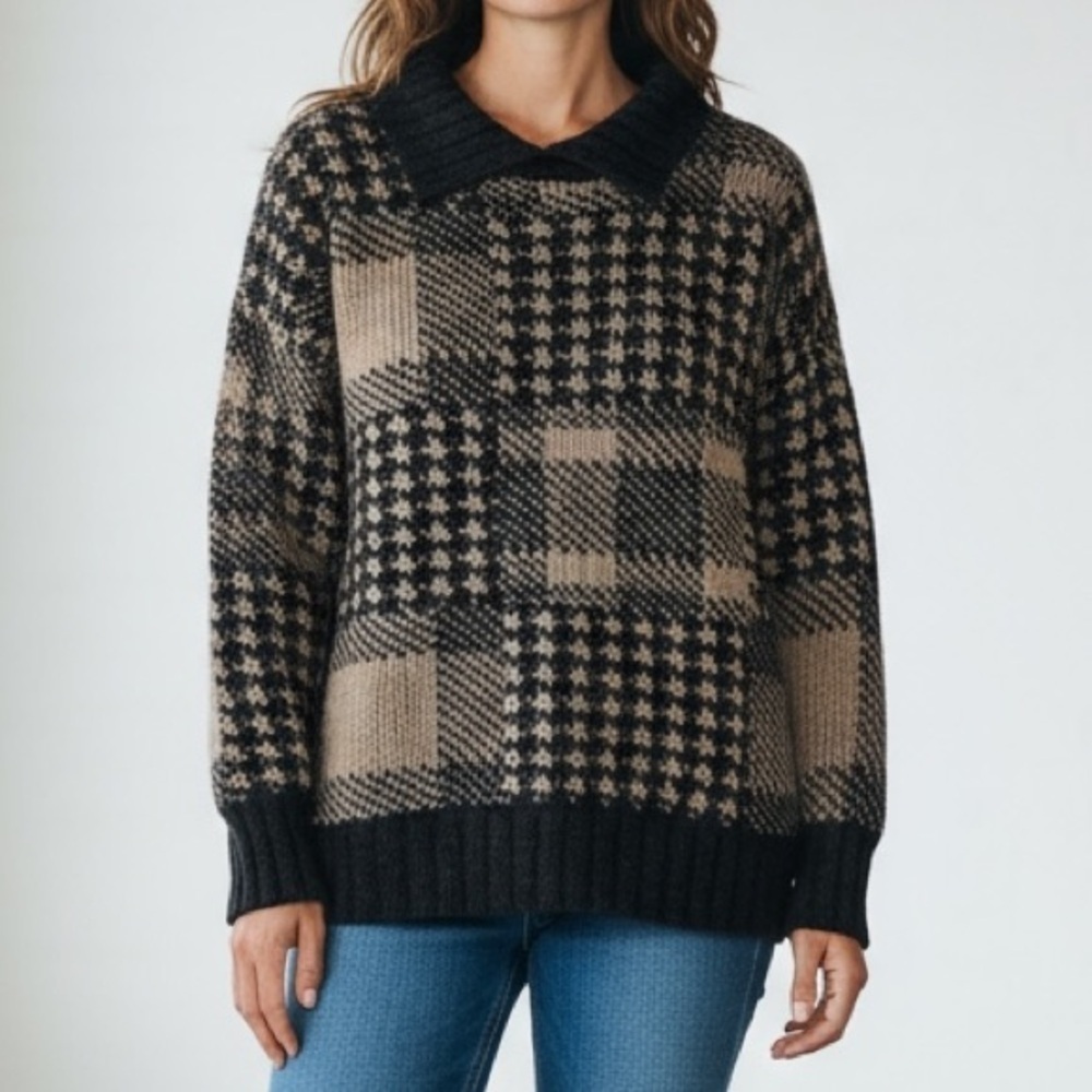 Vintage Wool Sweater Pattern Houndstooth Tan & Black Collared Grandpa Sweater XL